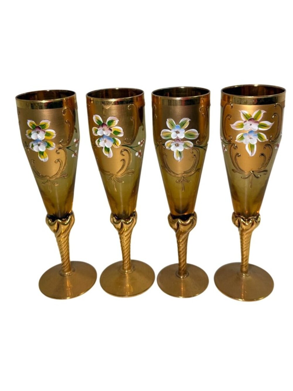 VTG Bohemian Gold Enamel Hand-Painted Champagne Flutes Floral Design 9" Set Of 4